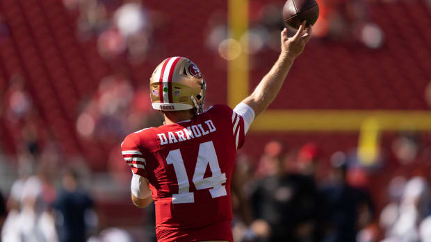 Aug 19, 2023; Santa Clara, California, USA; San Francisco 49ers quarterback Sam Darnold (14) warms up before the start of the first quarter against the Denver Broncos at Levi's Stadium.